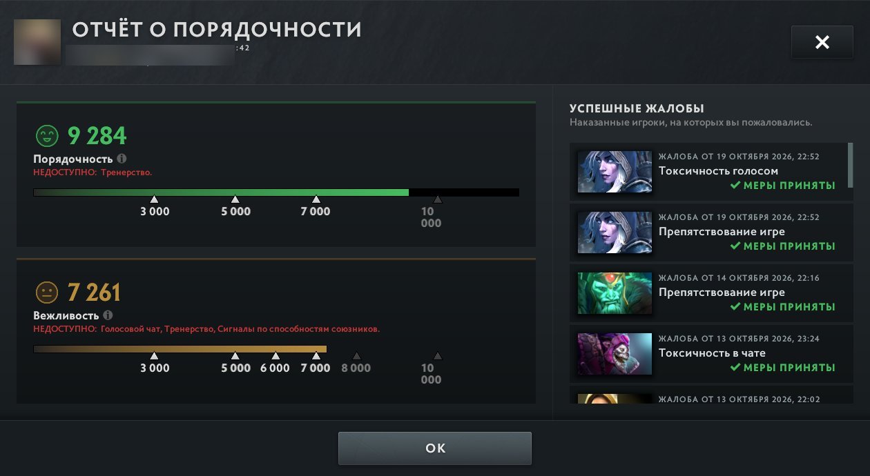 Comportament și comunicare în Dota 2: raportul de comportament din profil